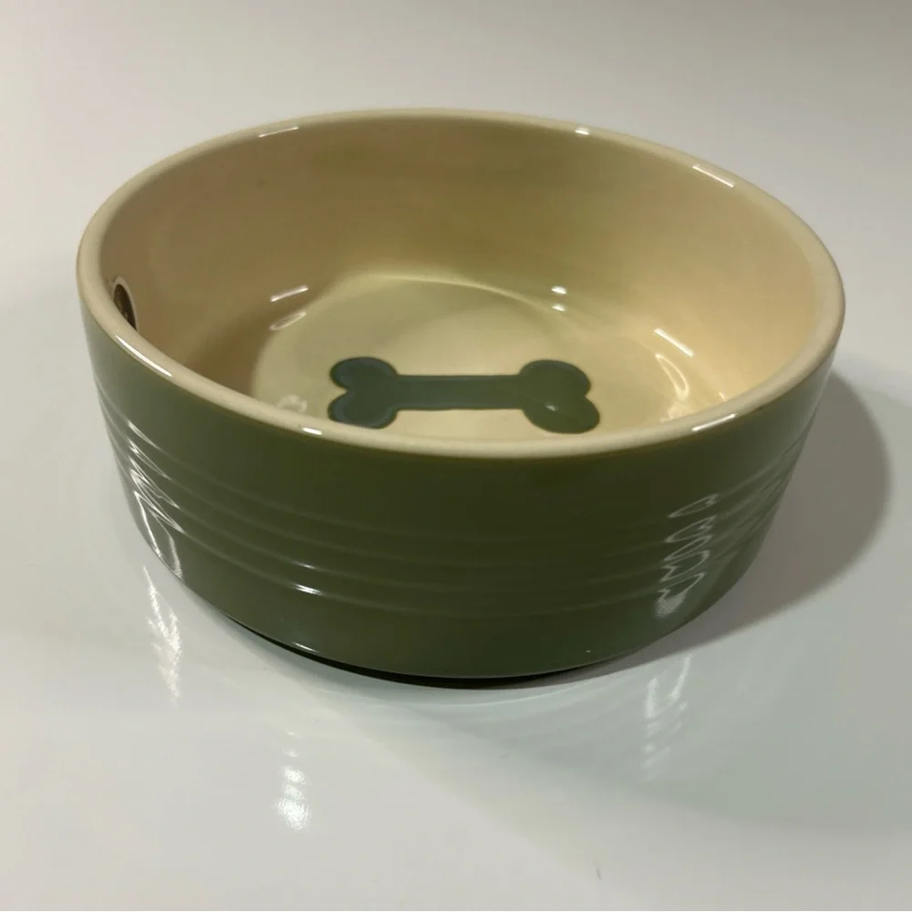 Petrageous Dog Pet Bowl Feeding Water Stoneware Green Ivory Dishwasher